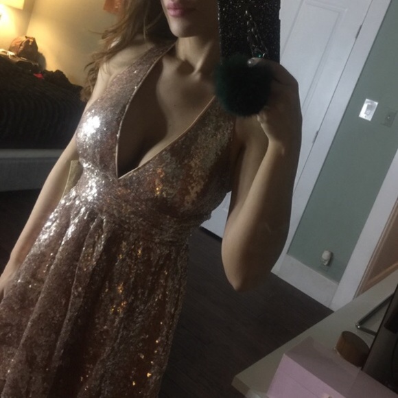 Rose gold sequin halter babydoll skater dress - Picture 3 of 5